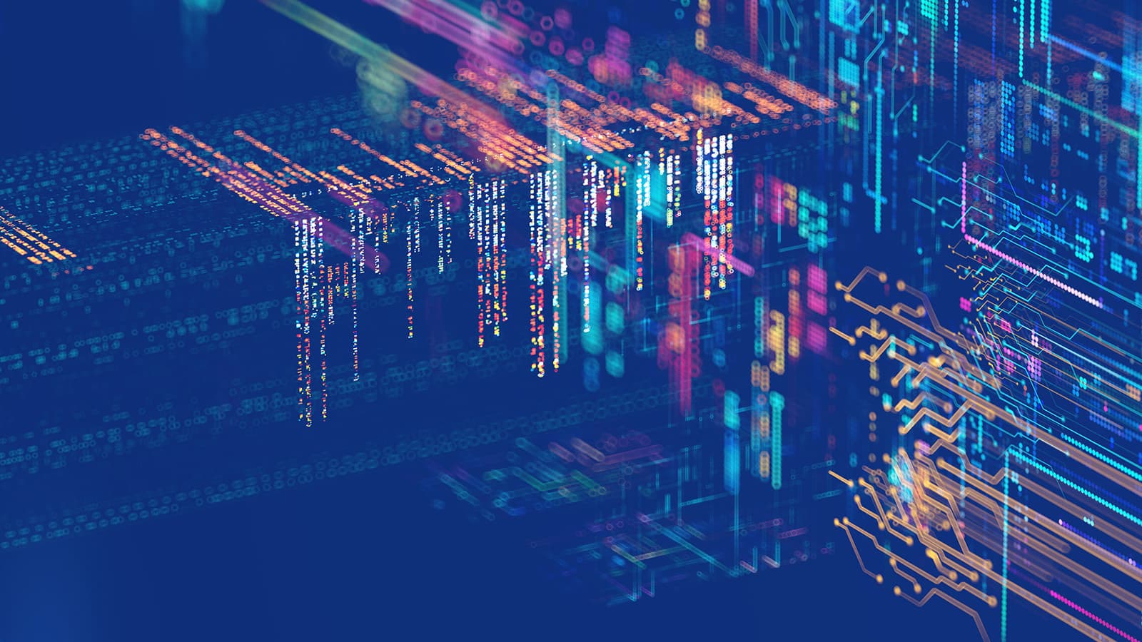 Lines of colourful programming code and an illustration of computer circuit boards on a blue background. Could be used to represent machine learning, artificial intelligence, technology, the digital economy, quantum computing, cyber security, digital transformation or big data.
