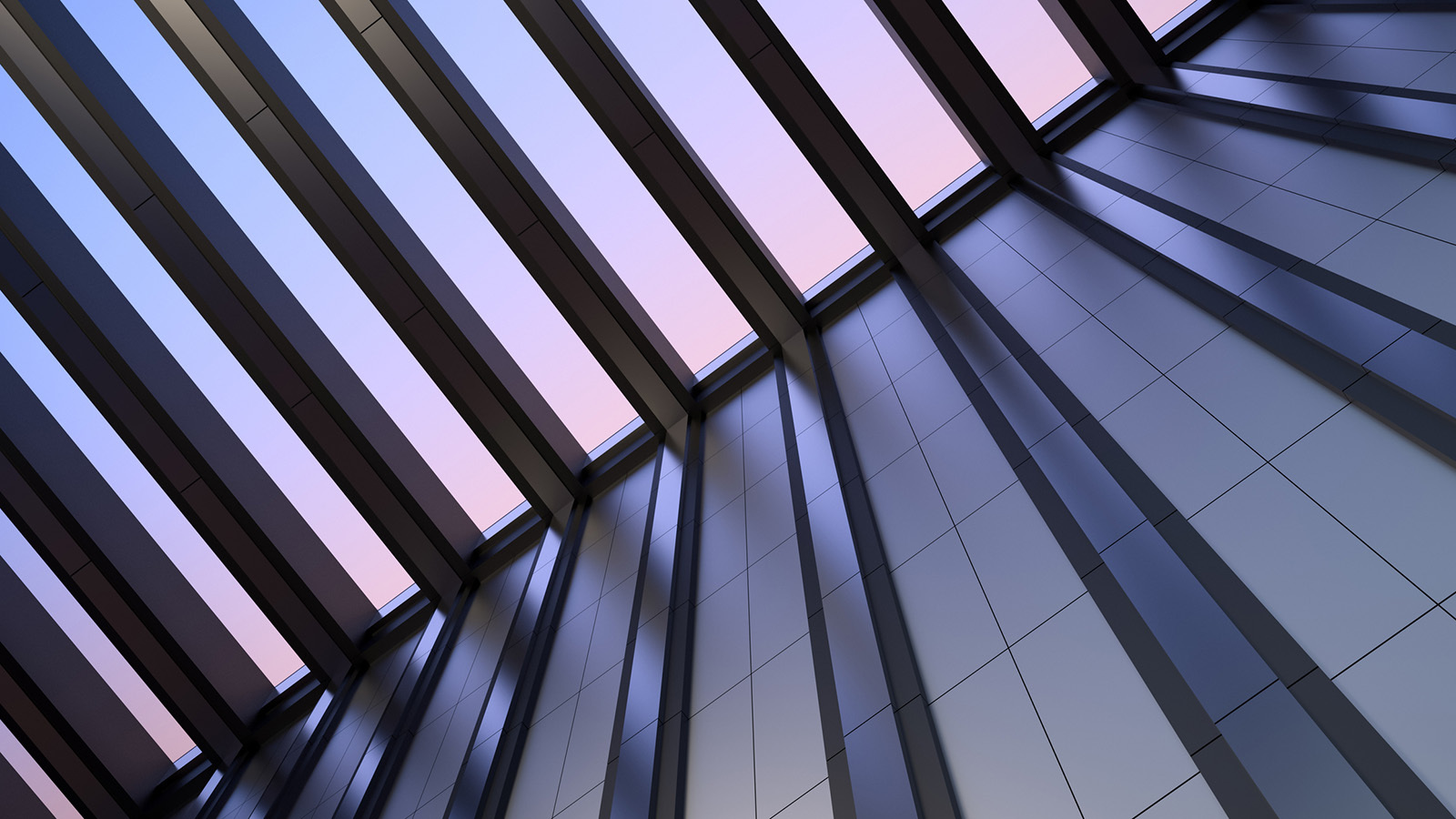 Evening view of a slatted ceiling in a building open to the sky, and a wall with grey metal beams and cream/beige tiles or wallpaper. A modern architectural style. Concept of letting the light in. Continuous disclosure.