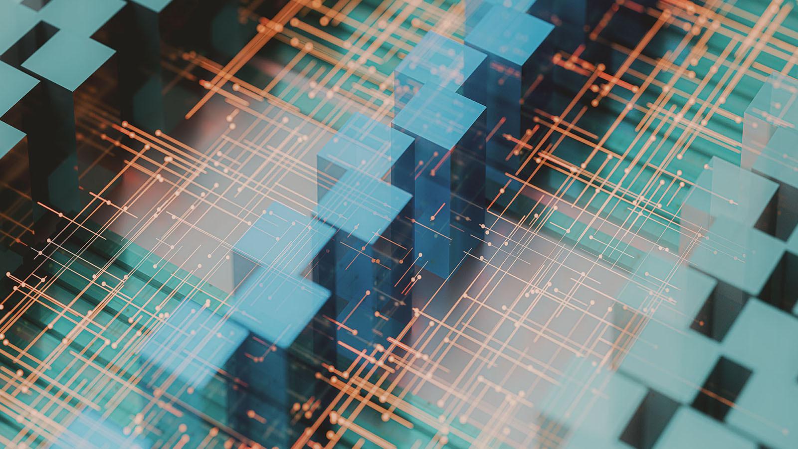 Data platforms / digital concept. Abstract geometric shapes: cubes with a series of interconnected lines. Network.