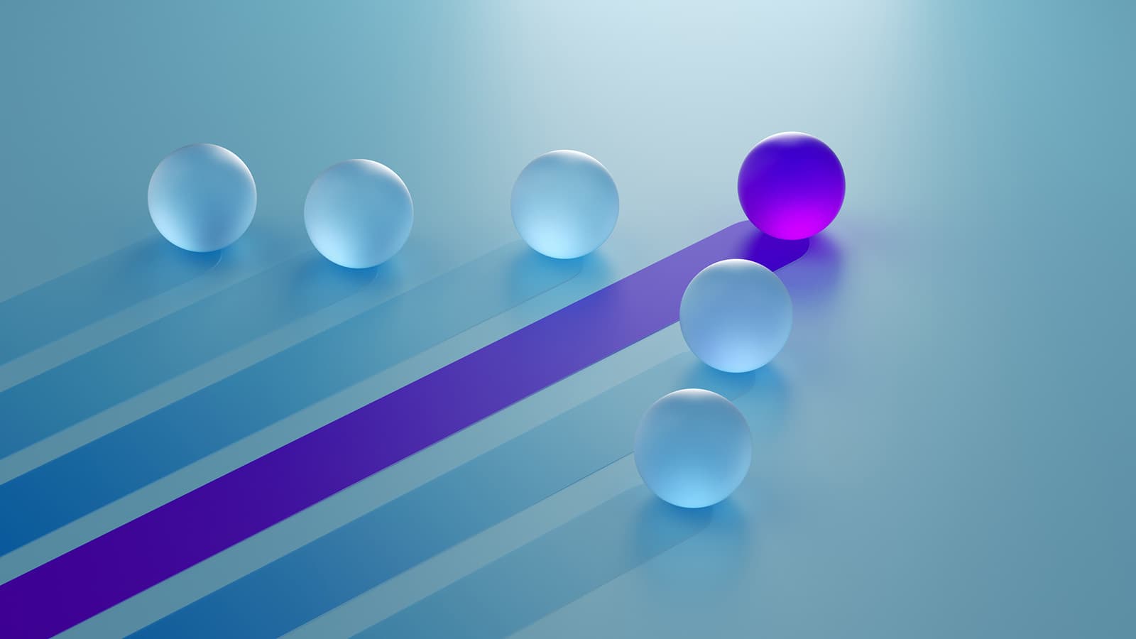A 3D rendering of a frontrunning purple sphere alongside five blue spheres. Competition/Race concept.